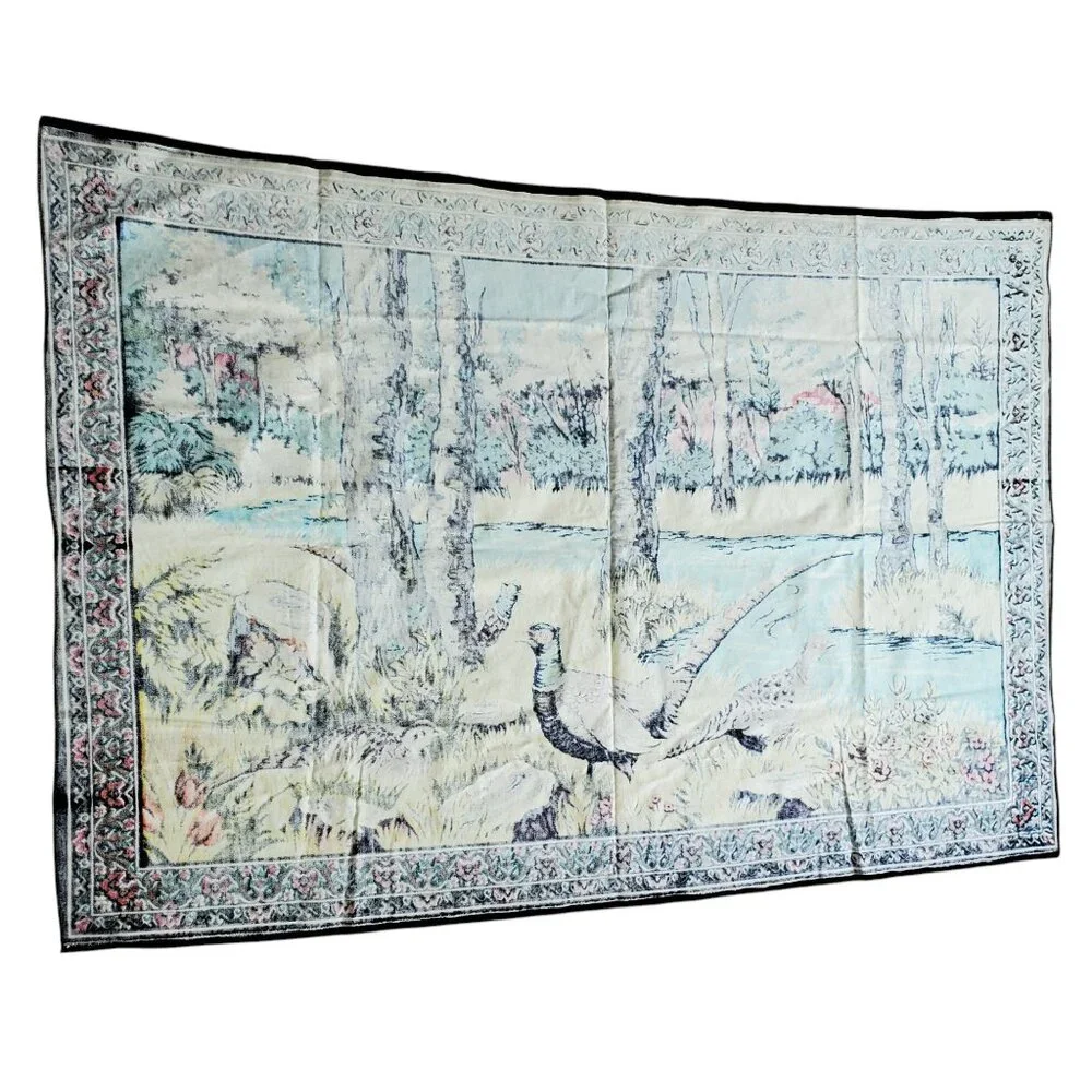 Vintage Velvet Woven Wall Tapestry Pheasant Stream Woods 55.5